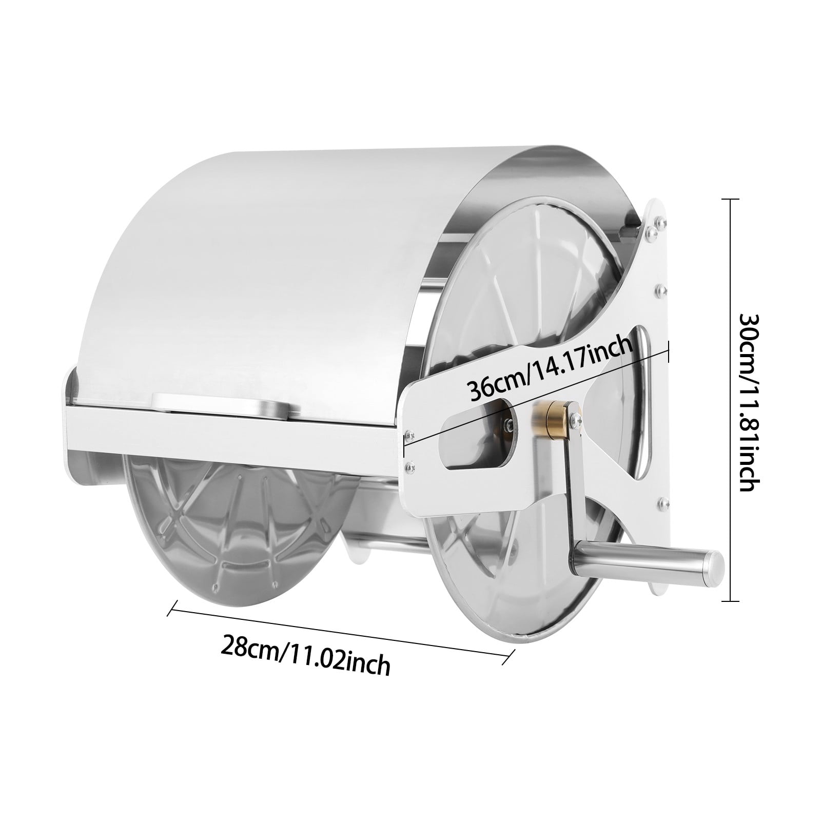 Hose Reel, Wall Mount Hose Reel, Garden Hose Storage Rack Holds up to 164 ft, Stainless Steel with Brass Handle, Right Side Crank, 360° Swivel Nozzle, for Yard, Garage, Outdoor Organization