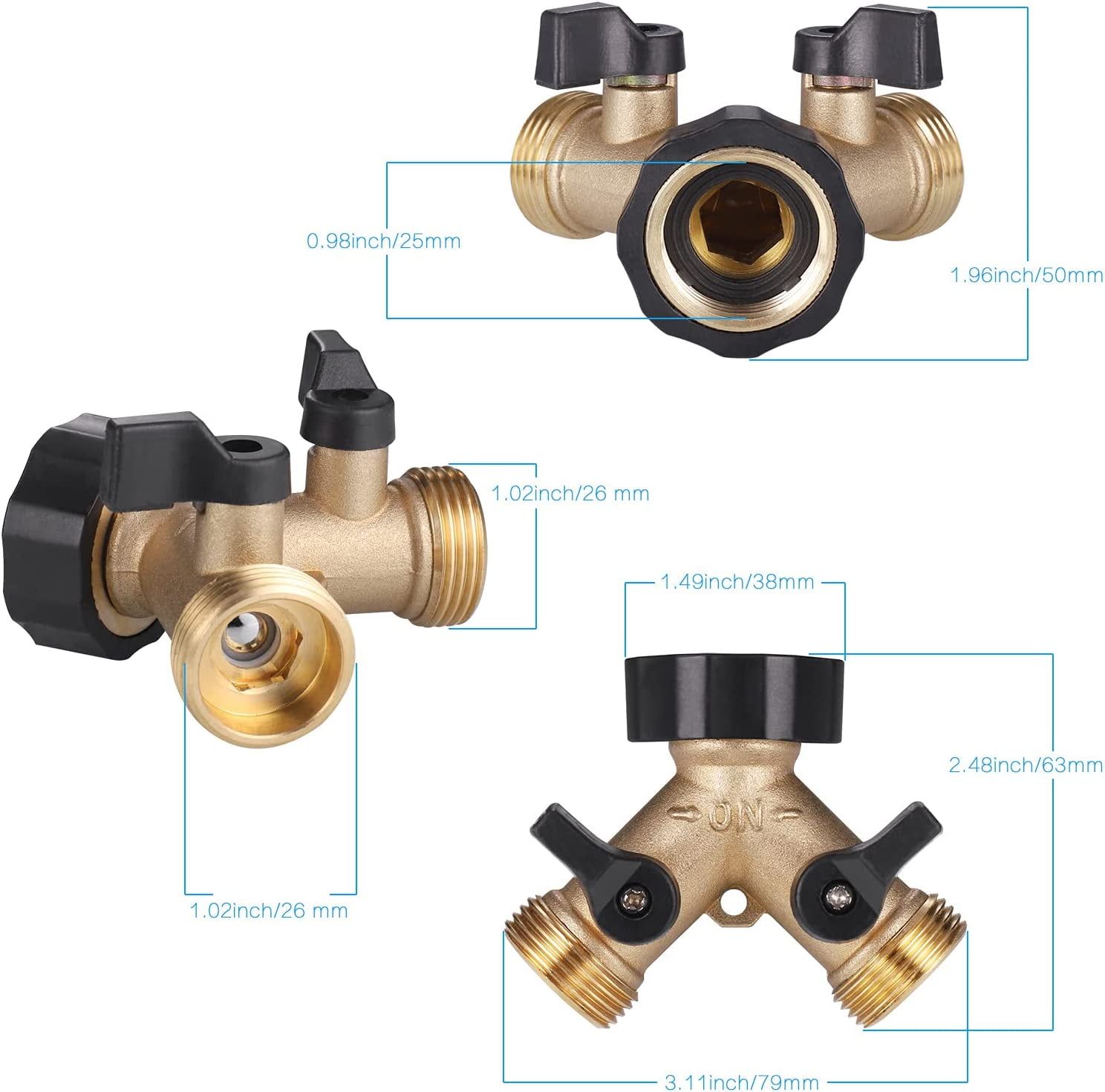 Hose Splitter 2 Way, 3/4" Y Valve Garden Hose Connector Garden Brass