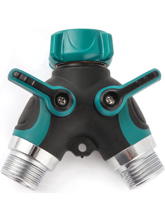 Hose Splitter 2 Way Heavy Duty Outdoor Faucet and Garden Connector - Water Spigot Splitter - Durable All-Metal Y Adapter with Shut-Off Valve - 4 x 4 x 1.5 Inches