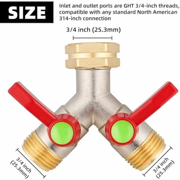 Hose Splitter 2 Way, High Flow Garden Hose Splitter, 3/4” Ght Inlet Brass Heavy Duty Hose Converter, Full Flow water 2 Way Faucet hose splitter, Long Handle Hose Valve Large Outlet.