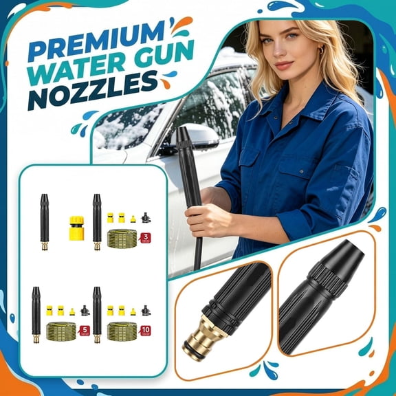 Hose Sprayer Nozzle Heavy Duty, Pressure Washer Hose Attachment, Nozzle for Hose, Quick Connect Hose Fittings, All-In-One 5 Meter Water Hose Kit Including 1 Brass Tipped Jet