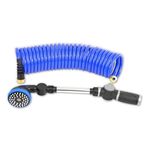 HoseCoil Coiled Standard Series, 25 ft long, 3/8 inch ID, 150 psi, with Shower Wand, Water Hose