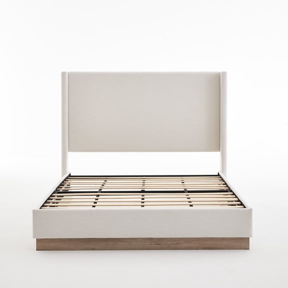 Hosford Upholstered Wingback Bed / Upholstered Wood Base Platform Bed / 52.5" High Headboard / Minimalist / Rusticity / No Box Spring Needed / King / Textured Ivory Canvas / No Noise