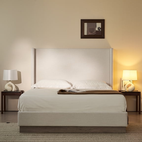 Hosford Upholstered Wingback Platform Bed, 52.5" Headboard, California King, Canvas Fabric, Wood Base, Minimalist Rustic Design, No Box Spring Needed, Metal Frame, Easy Assembly