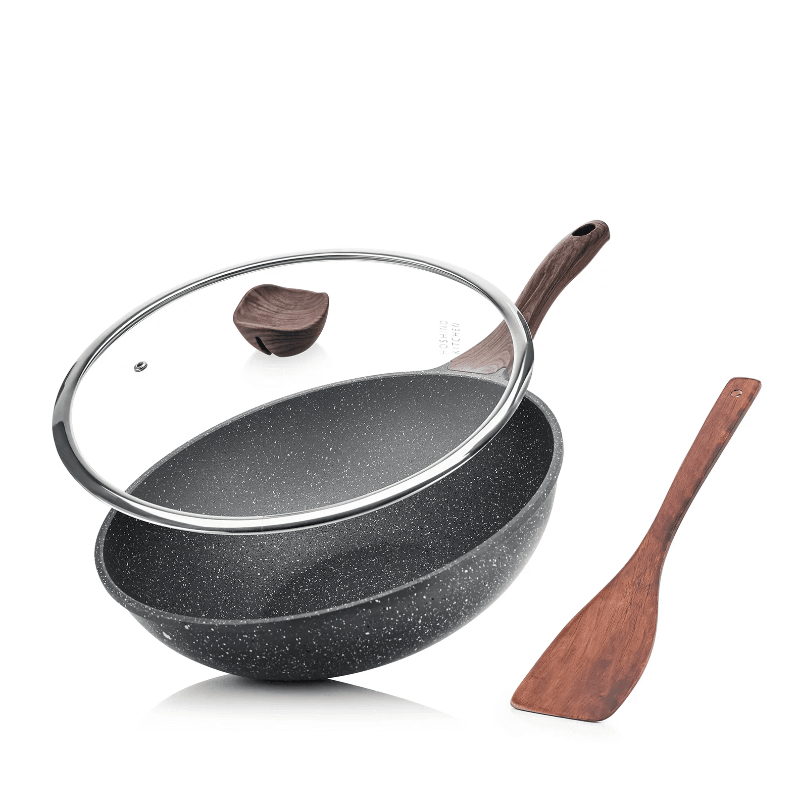 ANEDER Frying Pan with Lid Skillet Nonstick 10 inch / 12.5inch Carbon Steel  Wok Pan with Lid & Wood Spatula