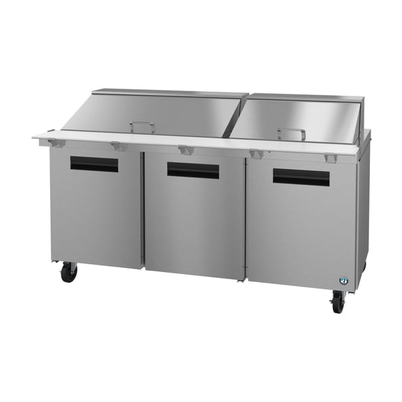 Hoshizaki SR72B-30M Refrigerator, Three Section Mega Top Prep Table, Stainless Doors