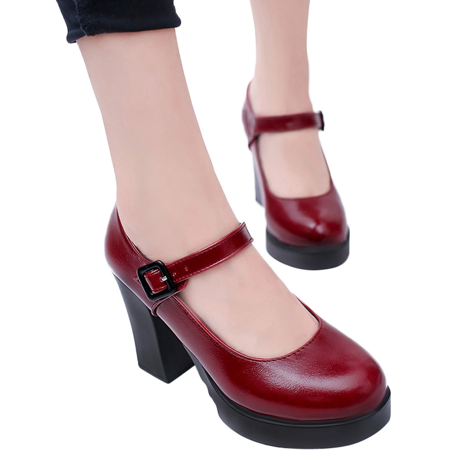amazon dress shoes for woman Hoshoes Black Round Toe High Heel Thick Heels With Buckle Strap Formal Shoes Women Close for Office Party Casual Wedding Women's Fashion Classic Thick Heeled