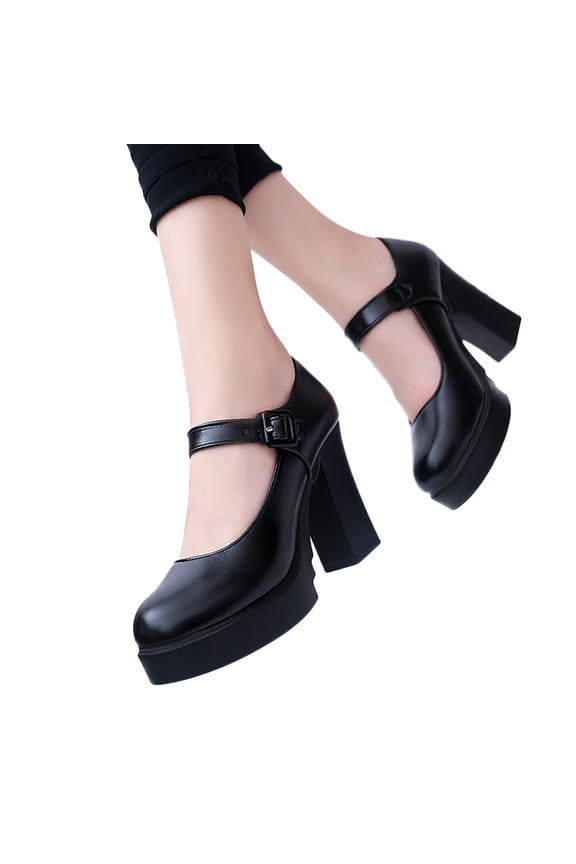 Hoshoes Black Round Toe High Heel Thick Heels Shoes With Buckle Strap Formal Shoes for Women Close for Office Party Casual Wedding