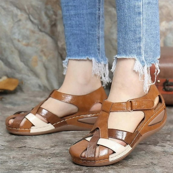 Wensltd Women's PU Leather Closed Toe Sandals Vintage Anti-Slip Cross Belt Wedge Rome Sandals with Ankle Strap Gladiator Outdoor Hollow Out Sandals