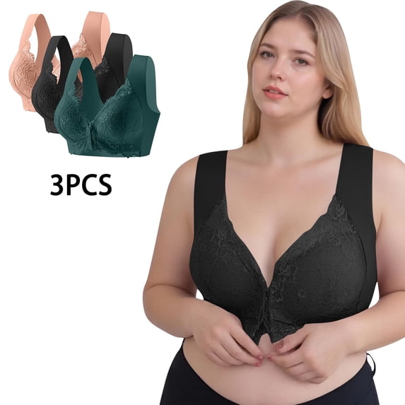Hoshose 3PC Women's Push Up Bra Full Coverage Front Closure Lace Bra with Support and Back