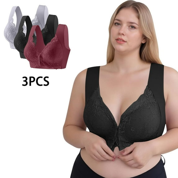 Hoshose 3PC Women's Push Up Bra Full Coverage Front Closure Lace Bra with Support and Back