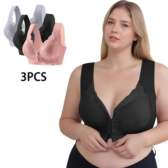 Hoshose 3PC Women's Push Up Bra Full Coverage Front Closure Lace Bra with Support and Back