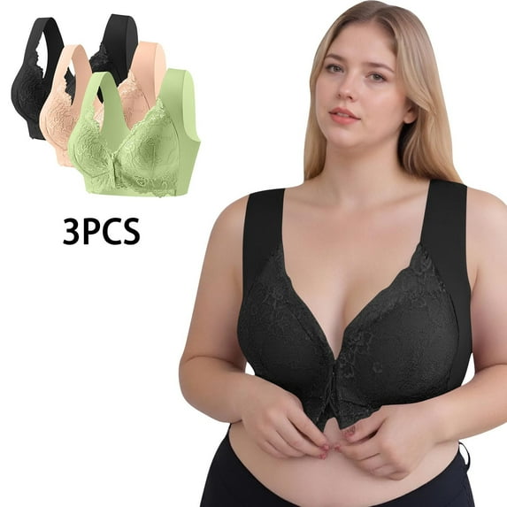Hoshose 3PC Women's Push Up Bra Full Coverage Front Closure Lace Bra with Support and Back