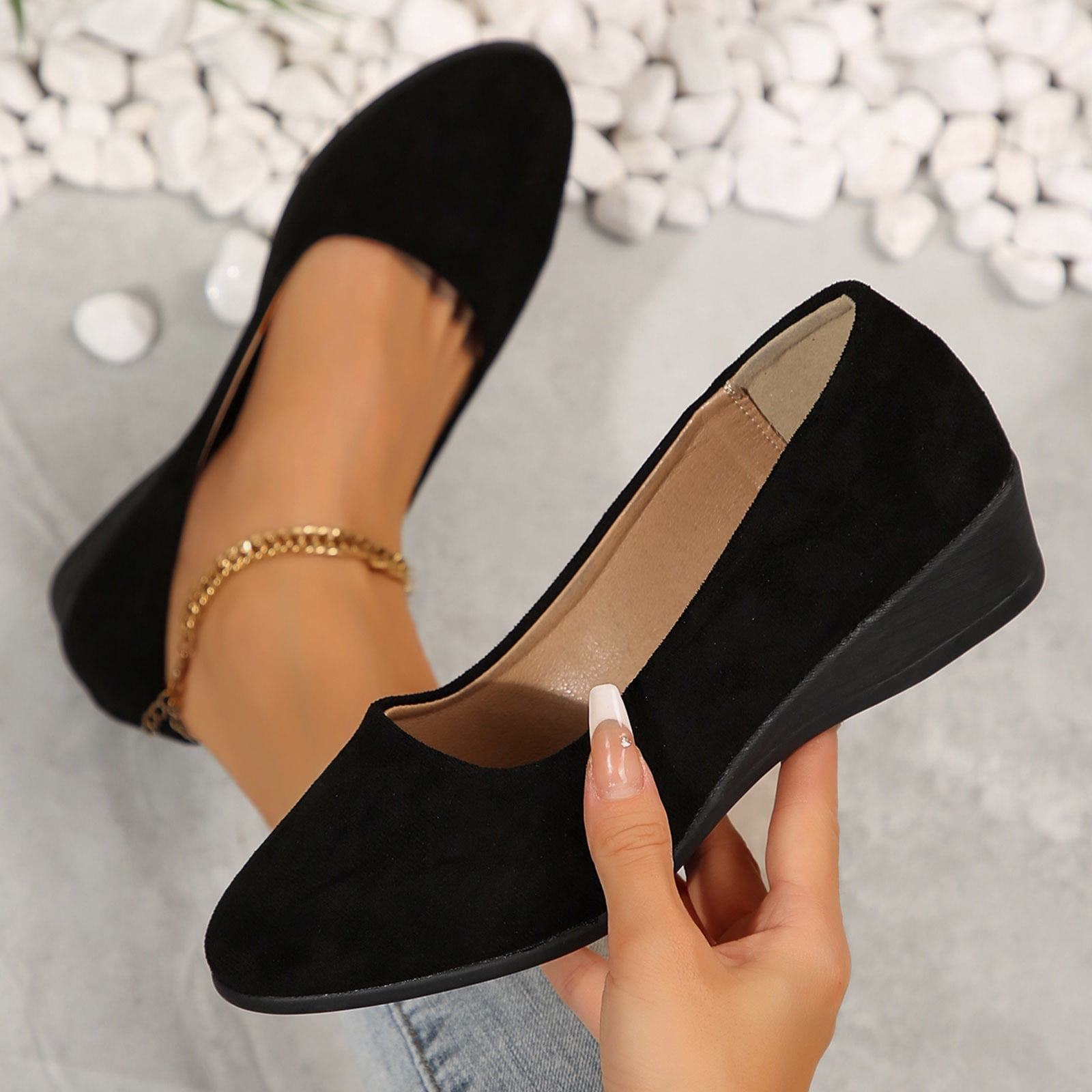 ladies wedge dress shoes Women's Wedge Thick Bottom Slip-On Shoes, Fashion For Wedding, Party, Vacation, Work, Formal Occasions, Black High Heels For Daily Wear