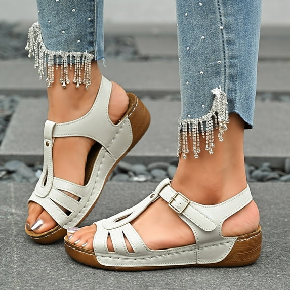 Hoshose Fashion Roman Womens Wedge Sandals Low Heel Hook&Loop Dressy Sandals Slip on Summer Beach Sandals Comfortable