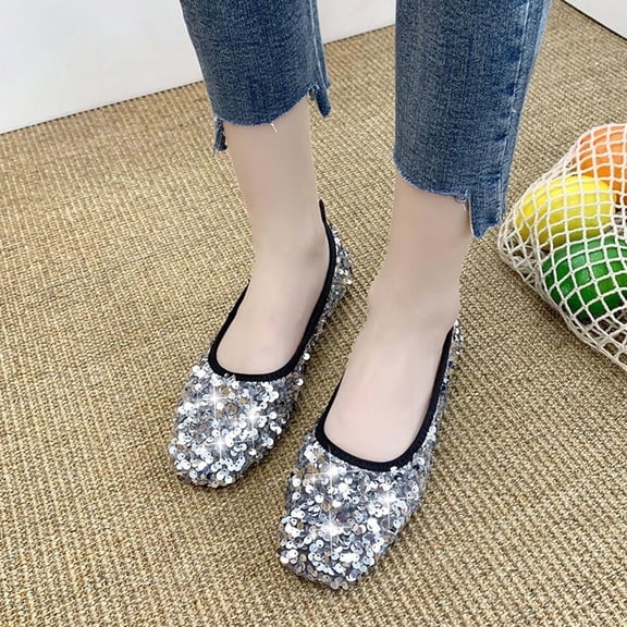 Hoshose Flat Women's Shoes Sequin Large Size Flat Pointed Toe Shallow Mouth Casual moccasin-gommino