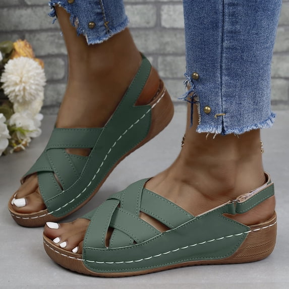 Hoshose New Summer Causal Sandals for Women Fish Mouth Solid Color Strap Non-Slip Women Wedge Beach Sandals