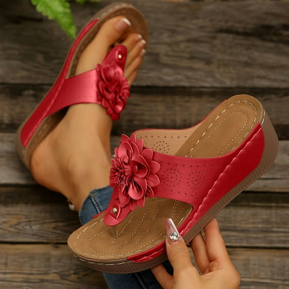 Hoshose New Summer Wedge Slippers for Women Flower Fish Mouth Breathable Solid Color Outdoor Slip on Beach Flip Flops