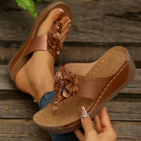 Hoshose New Summer Wedge Slippers for Women Flower Fish Mouth Breathable Solid Color Outdoor Slip on Beach Flip Flops