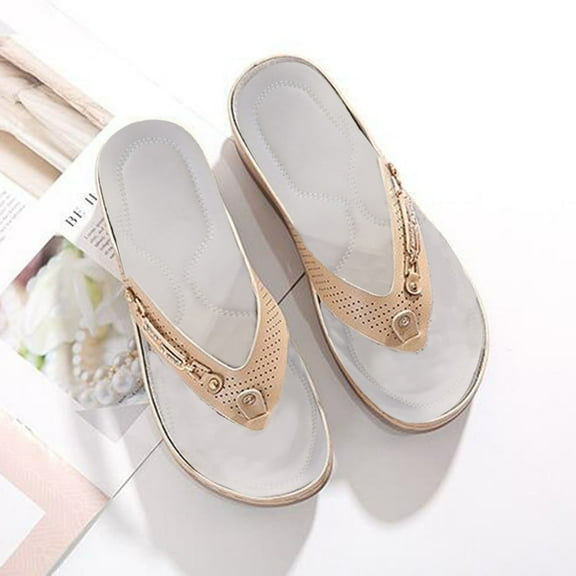 Hoshose New Summer Women Sandals Wide Width Stylish Metal Buckle Beach Non Slip Arch Support Flip Flops for Women