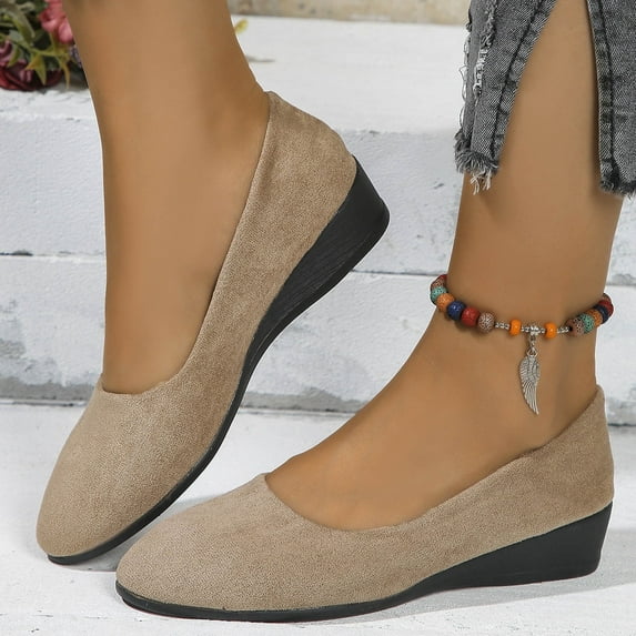 Hoshose New Women's Low Heel Comfortable Round Head Suede Solid Color Casual Slip-on Dressy Shoes Spring&Summer