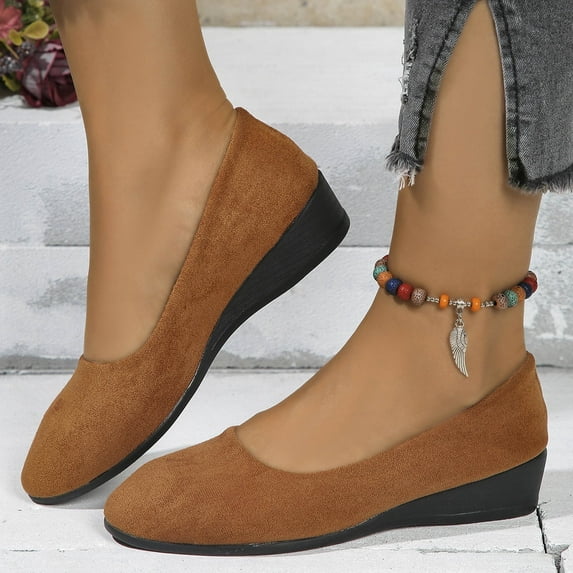 Hoshose New Women's Low Heel Comfortable Round Head Suede Solid Color Casual Slip-on Dressy Shoes Spring&Summer