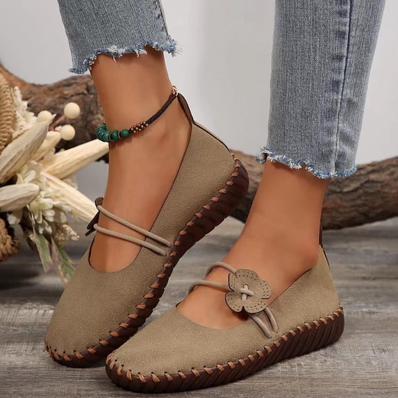Hoshose Retro Flat Shoes for Womens Spring New Soft Sole Round Head Flower Slip on Flat Mom Shoes Breathable
