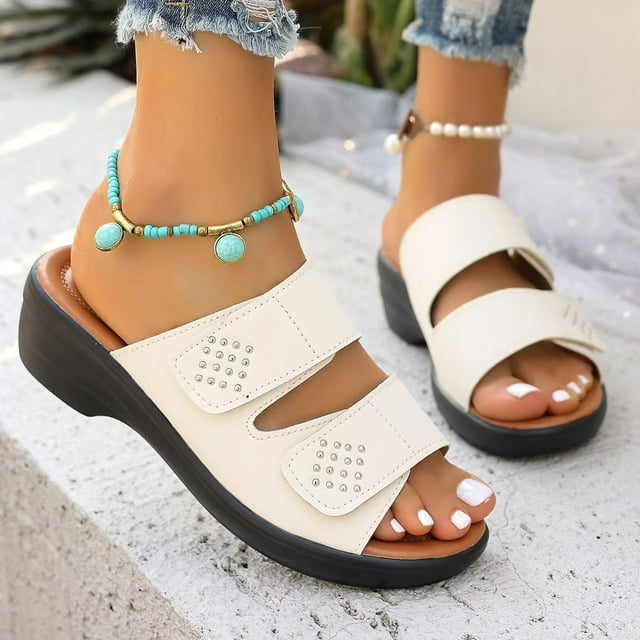 Hoshose Summer New Womens Slide Sandals Solid Color Hook&Loop Non Slip Casual Dressy Beach Sandals Breathable