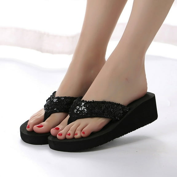 Hoshose Summer Slippers Fashion Rhinestones Wedges Flip Flops Women's Sequins Anti-slip Beach Black/White/Pink Shoes