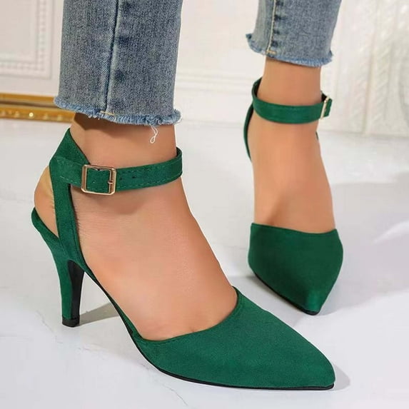 Hoshose Summer Women's High Heel Shoes Suede Solid Color Comfortable Casual Pointy Toe Buckle Shallow Mouth Shoes