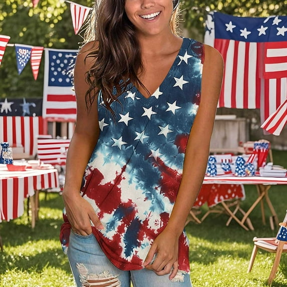 Hoshose Summer Womens Tank Tops Print V Neck Sleeveless Independence Day Shirts