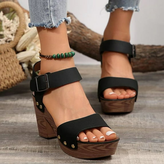 Hoshose Wide Width Sandals for Women Open Toe Ankle Strap Low Block Sandals Party Dress Pumps