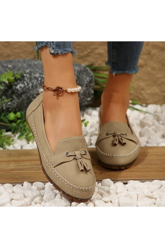 Women Flats Slip-On Leather Soft Shoes Round Toe Comfort Indoor/Outdoor