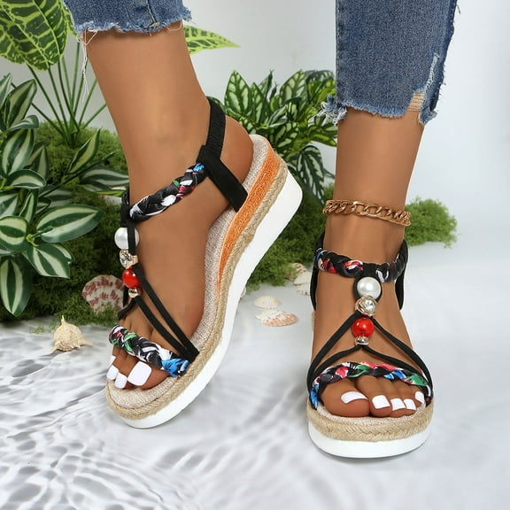 Hoshose Women Low Heel Sandals Elastic Ankle Strap Roman Rhinestone Summer Comfortable Beach Dressy Sandals