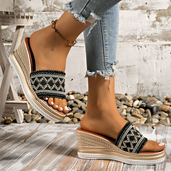 Hoshose Women Sandals Open-toe Summer Beach Women Wedge Sandals Black