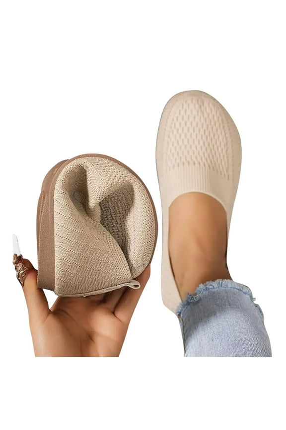 Women Wide Width Square-Toe Knit Flats Breathable Shallow Color-Block Slip-On Shoes for Office, Casual Outings