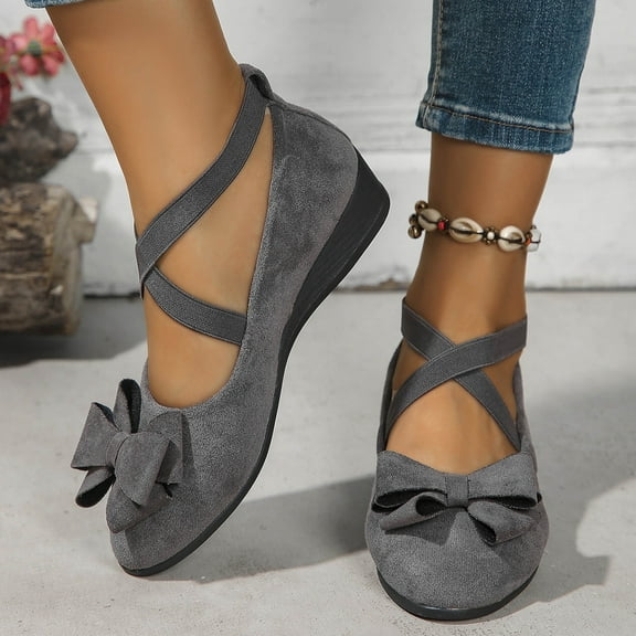 Hoshose Women's Flats Dressy Shoes Suede Round Toe Comfortable Bowknot Ballet Wedge Shoes Fashion Casual Soft Sole