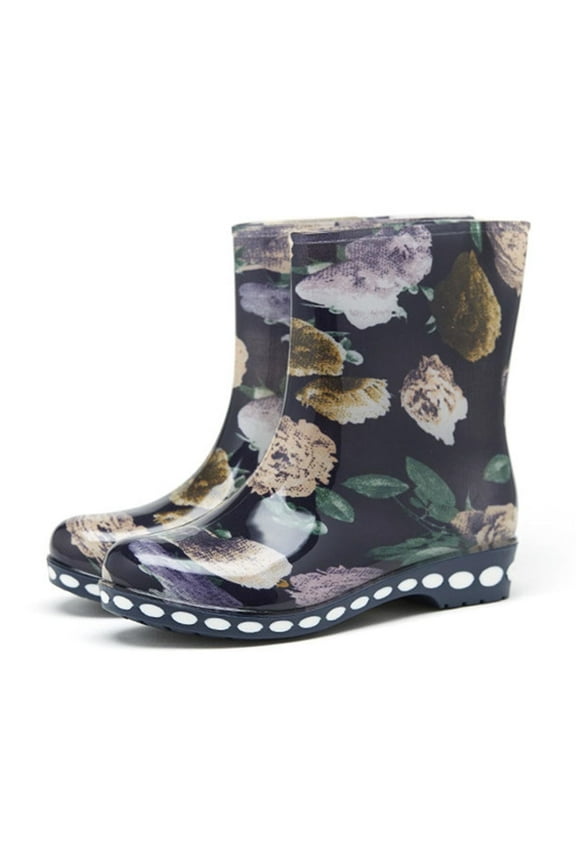 Women's Mid Calf Rain Boots Waterproof Flower Anti-Slipping Galoshes Fashion Wear-resistant Transparent Water Shoes