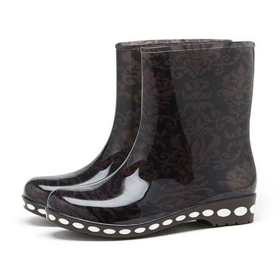 Hoshose Women's Mid Calf Rain Boots Waterproof Flower Anti-Slipping Galoshes Fashion Wear-resistant Transparent Water Shoes