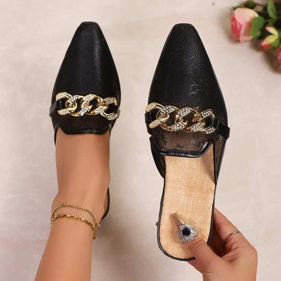 Hoshose Women's Pointy Toe Flat Wide Width Comfortable Spring and Summer Metal Buckle Work Shoes
