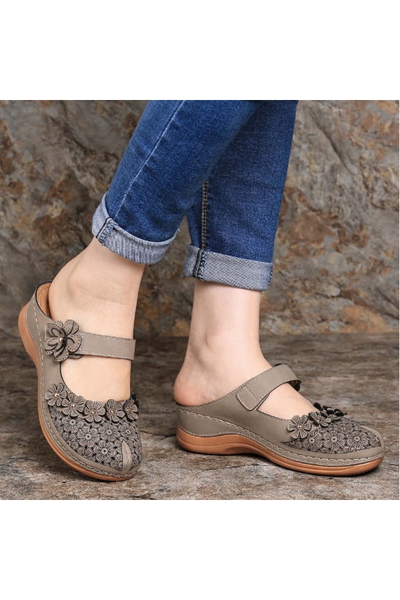 Wensltd Women's Retro Comfortable Sandals Round Toe Non-slip Flat Sole Hollow Design Sandals for Women