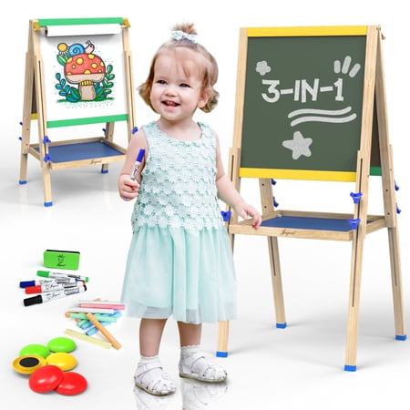 JOYOOSS Kids Art Easel 3-in-1 Adjustable Wooden Magnetic Board for Toddlers & Young Artists 106-RED Safe Materials & Complete Accessories Included