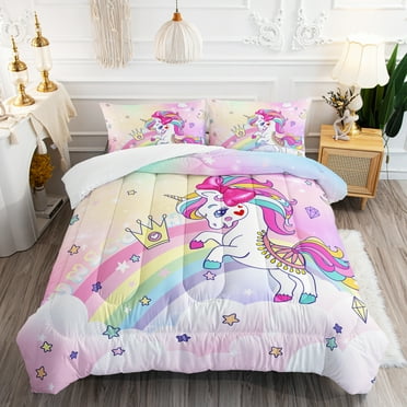 Hosima 3-piece 3D Digital Printed Duvet Cover,Rainbow Unicorn, Microfiber Material, Room Decoration，Bedding Set,EEBTTAI020-Twin