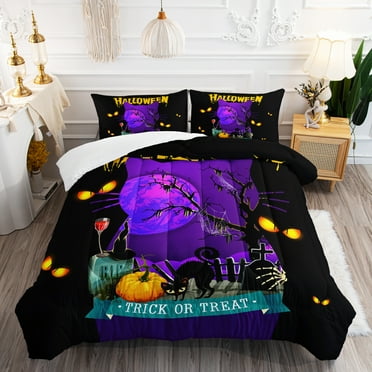 Hosima Three Piece Halloween Theme Purple Printed Comforter Superfine Fiber Bedding Series,DGC83-Queen