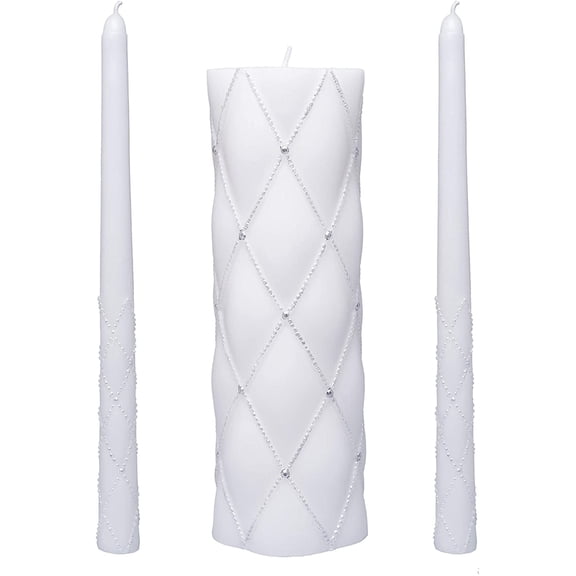 Hosley White Wedding Unity Candle Set, 3 Piece, 11.5 Inch Unscented Pillar and Taper Candles