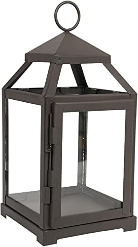 12 Inch Brown Iron and Clear Glass Tabletop Candle Lantern