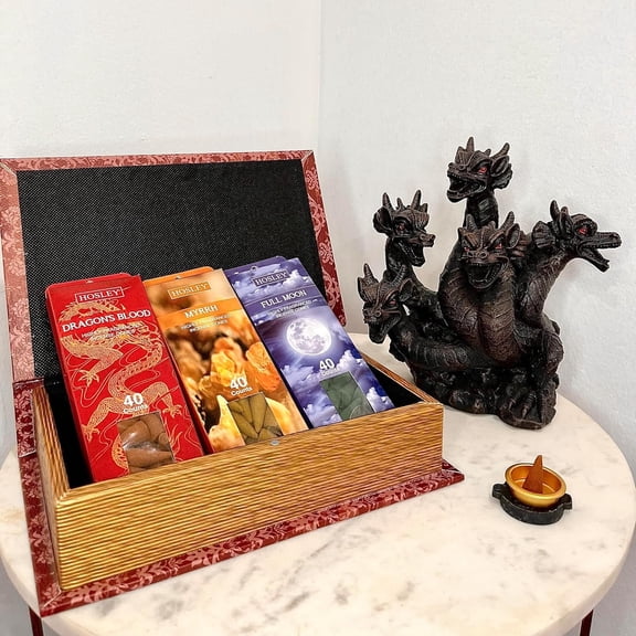Hosley 120 Pack Assorted Incense Cones Gift Set in Red Storage Book Box. Include 40 Cones Each of Dragon's Blood, Myrrh, Full Moon & A Resin Dragon Incense Cone Holder Ideal for Home Aromatherapy