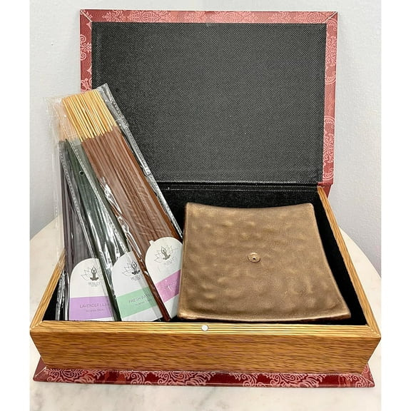 Hosley 120 Pack Assorted Incense Sticks Gift Set in Red Storage Book Box. include 40 Sticks Each of 3 Random Grab Bag Fragrances & A Ceramic Incense Stick Holder