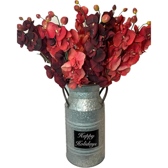 Hosley 15" Chalkboard Milk Can Vase with 28" Artificial Phalaenopsis Orchids (18 Stems) - Salmon & Burgundy Rustic Floral Arrangement for Home Decor, Weddings, and Parties