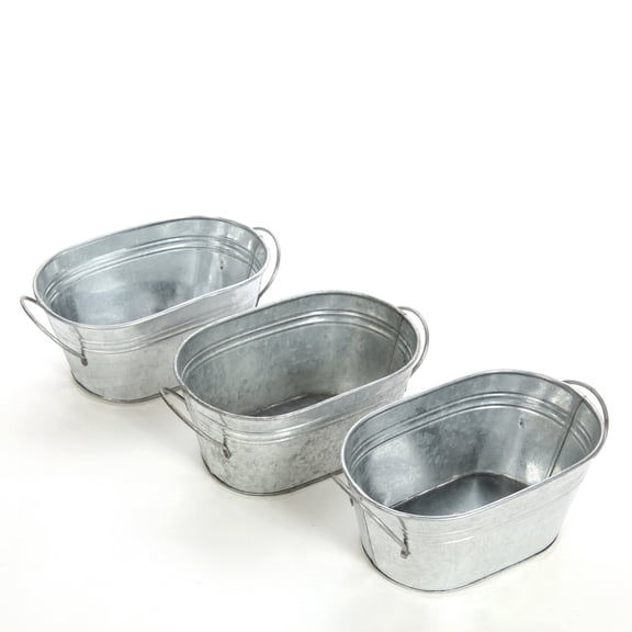 Hosley Set of 3 Galvanized Metal Planters, 8-Inch Oval Flower Pots with Handles for Indoor Outdoor Floral Arrangements and Garden Decor